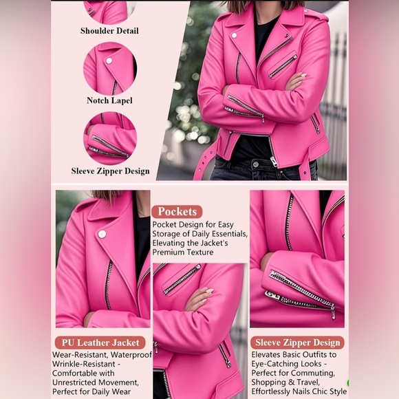 Women's Pink Moto Jacket - Stylish Biker Coat - Picture 2 of 6